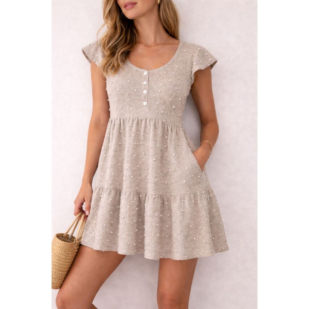 NWT Blu Pepper Pearl Knit Babydoll Dress Beige Cottagecore Tiered Mini S